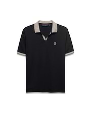 Men's Teddy Johnny Collar Polo. Black classic fit jersey polo with beige houndstooth Johnny collar and cuffs, featuring a small white embroidered Psycho Bunny skull logo on the left chest. (5)