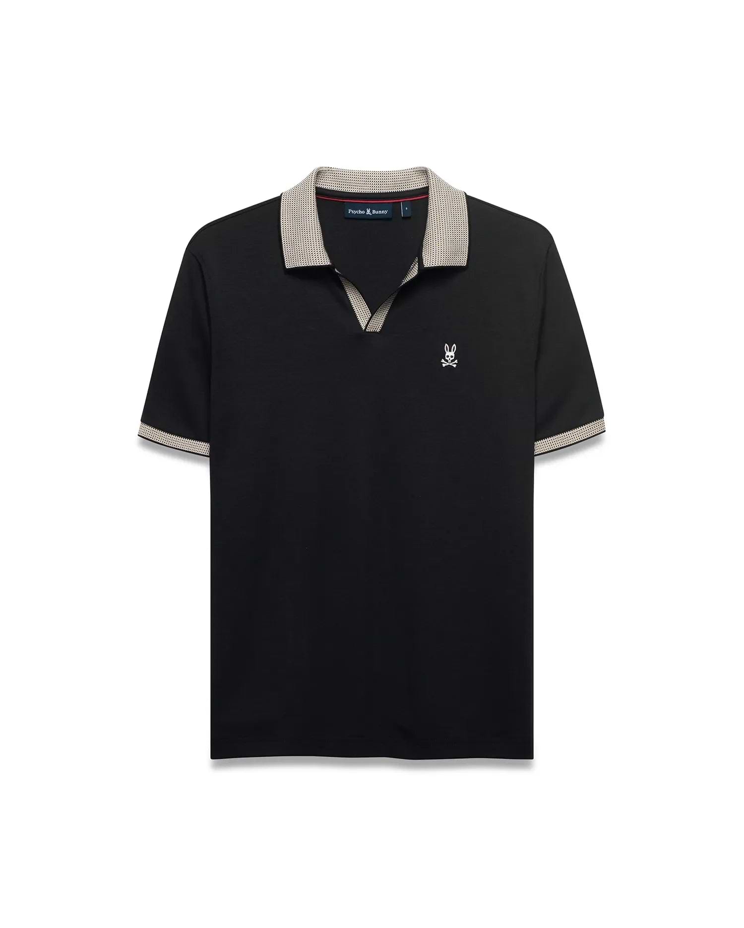 Men's Teddy Johnny Collar Polo. Black classic fit jersey polo with beige houndstooth Johnny collar and cuffs, featuring a small white embroidered Psycho Bunny skull logo on the left chest. (5)