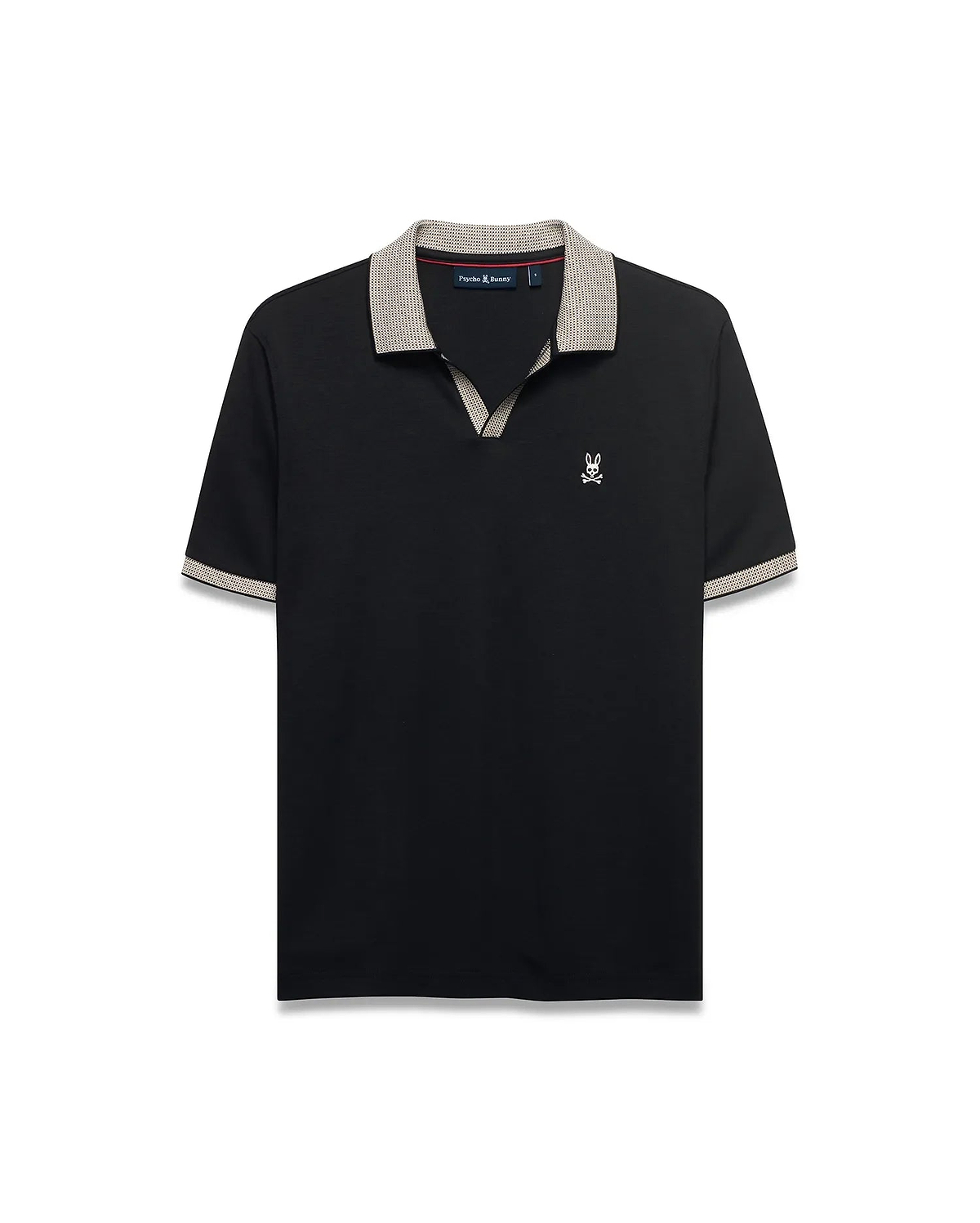 Men's Teddy Johnny Collar Polo. Black classic fit jersey polo with beige houndstooth Johnny collar and cuffs, featuring a small white embroidered Psycho Bunny skull logo on the left chest. (5)