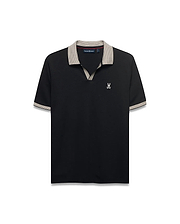 Men's Teddy Johnny Collar Polo. Black classic fit jersey polo with beige houndstooth Johnny collar and cuffs, featuring a small white embroidered Psycho Bunny skull logo on the left chest. (5)