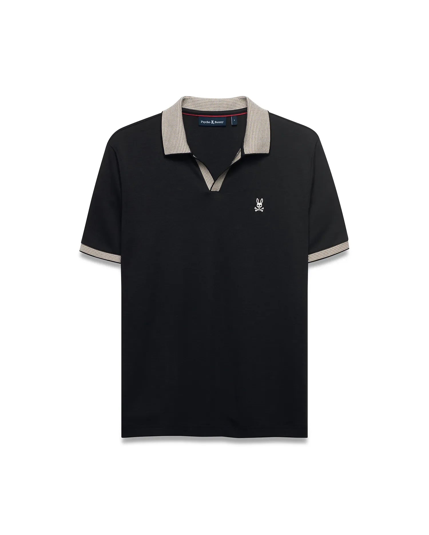 Men's Teddy Johnny Collar Polo. Black classic fit jersey polo with beige houndstooth Johnny collar and cuffs, featuring a small white embroidered Psycho Bunny skull logo on the left chest. (5)