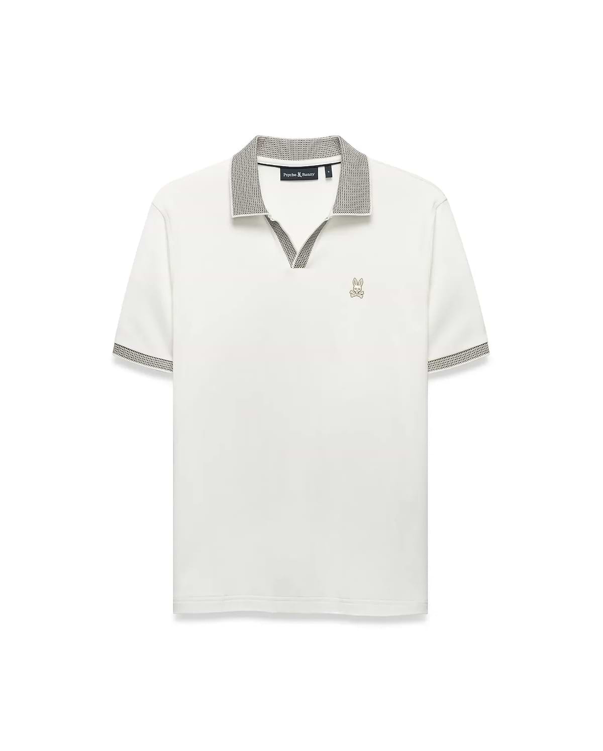 Men's Teddy Johnny Collar Polo, a classic fit white jersey knit polo with a black and white micro-houndstooth Johnny collar and sleeve cuffs, featuring a small embroidered gold Psycho Bunny skull logo on the left chest. (5)