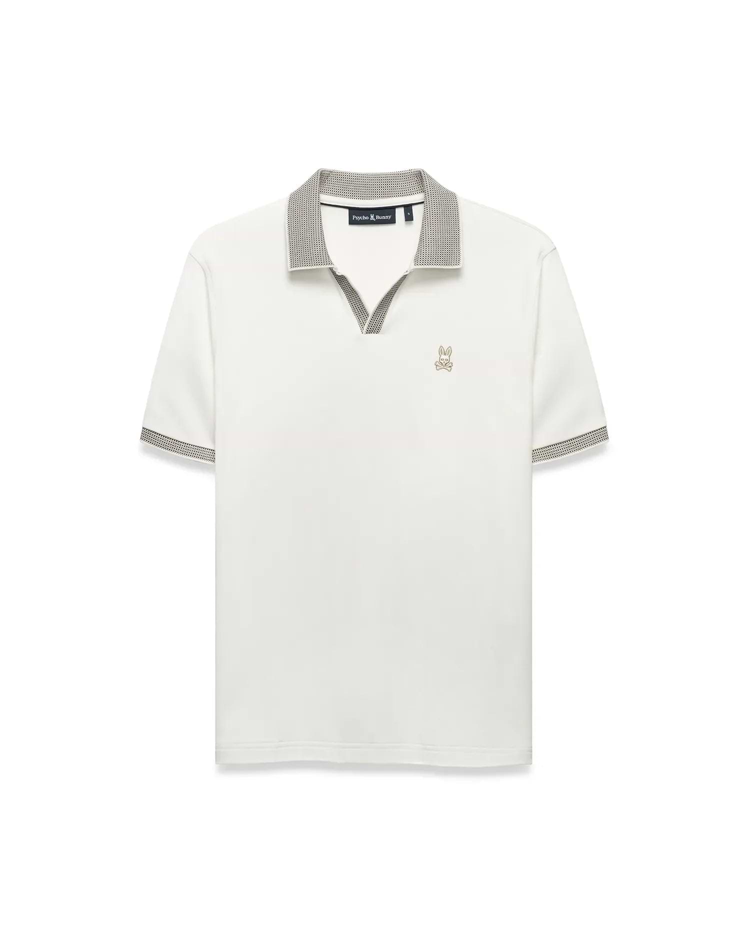 Men's Teddy Johnny Collar Polo, a classic fit white jersey knit polo with a black and white micro-houndstooth Johnny collar and sleeve cuffs, featuring a small embroidered gold Psycho Bunny skull logo on the left chest. (5)