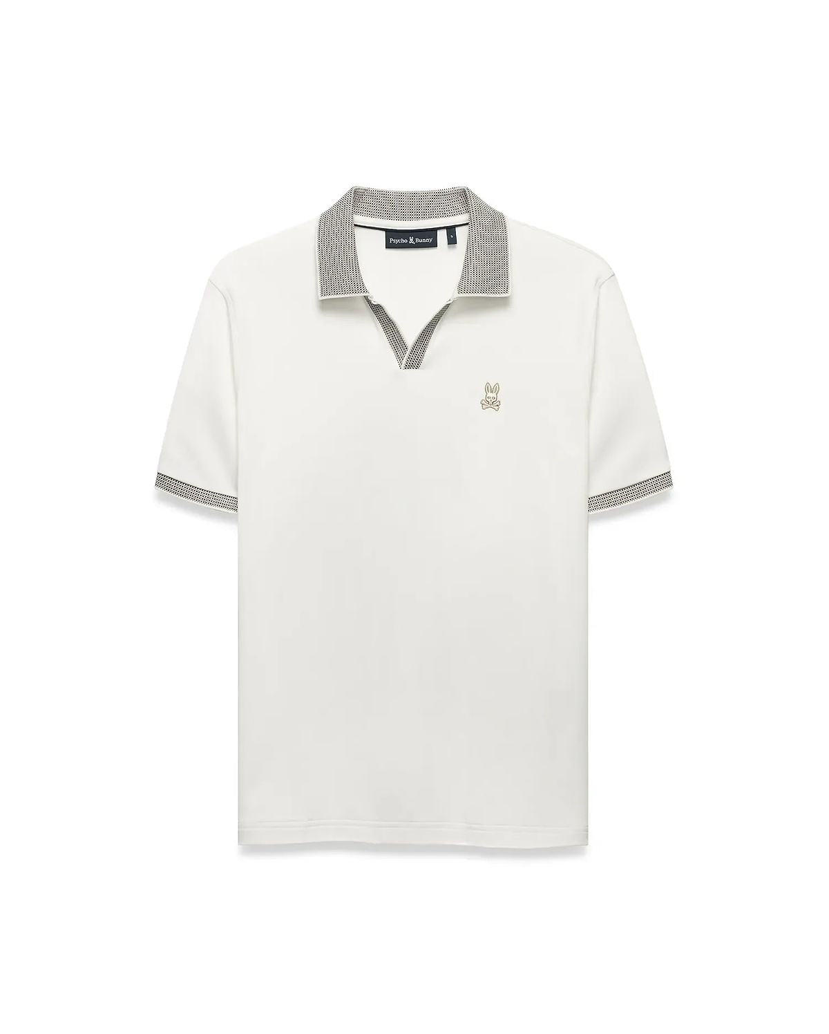 Men's Teddy Johnny Collar Polo, a classic fit white jersey knit polo with a black and white micro-houndstooth Johnny collar and sleeve cuffs, featuring a small embroidered gold Psycho Bunny skull logo on the left chest. (5)