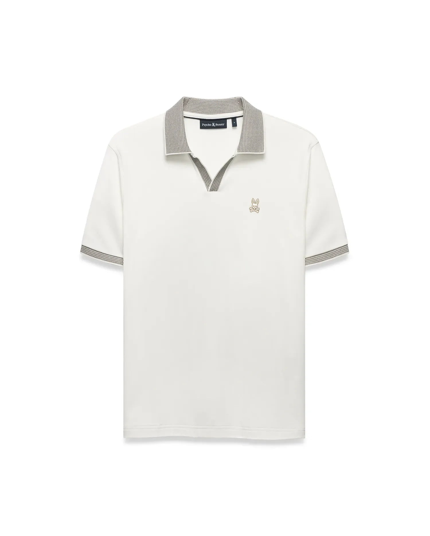 Men's Teddy Johnny Collar Polo, a classic fit white jersey knit polo with a black and white micro-houndstooth Johnny collar and sleeve cuffs, featuring a small embroidered gold Psycho Bunny skull logo on the left chest. (5)