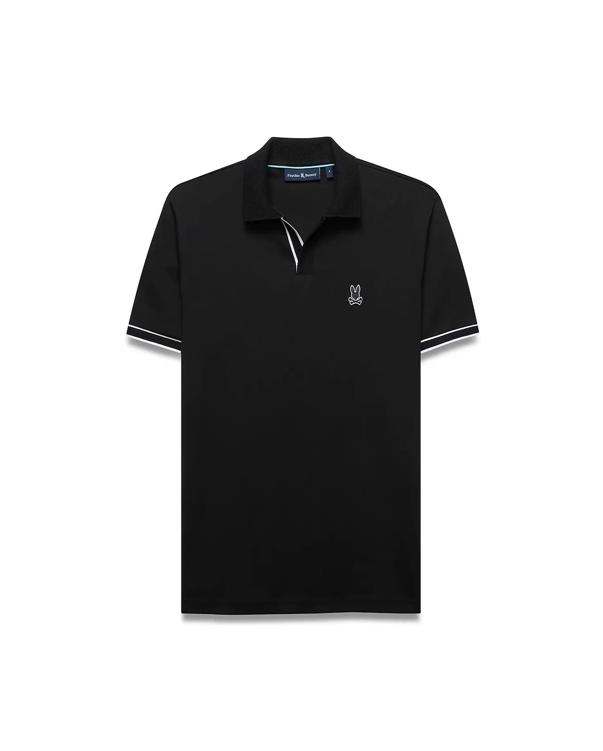 Mens Nasser Interlock Johnny Collar Polo in classic black interlock knit, featuring a white embroidered Psycho Bunny skull logo on the left chest, a Johnny collar, and white double-stripe cuffs.
