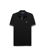 Mens Nasser Interlock Johnny Collar Polo in classic black interlock knit, featuring a white embroidered Psycho Bunny skull logo on the left chest, a Johnny collar, and white double-stripe cuffs.