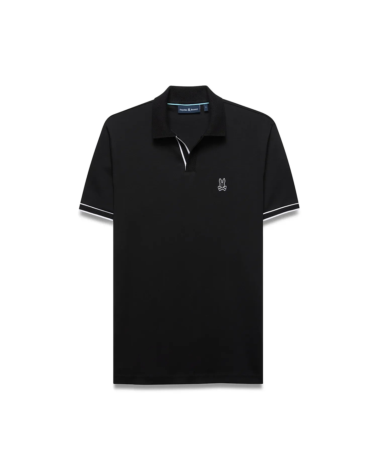 Mens Nasser Interlock Johnny Collar Polo in classic black interlock knit, featuring a white embroidered Psycho Bunny skull logo on the left chest, a Johnny collar, and white double-stripe cuffs.