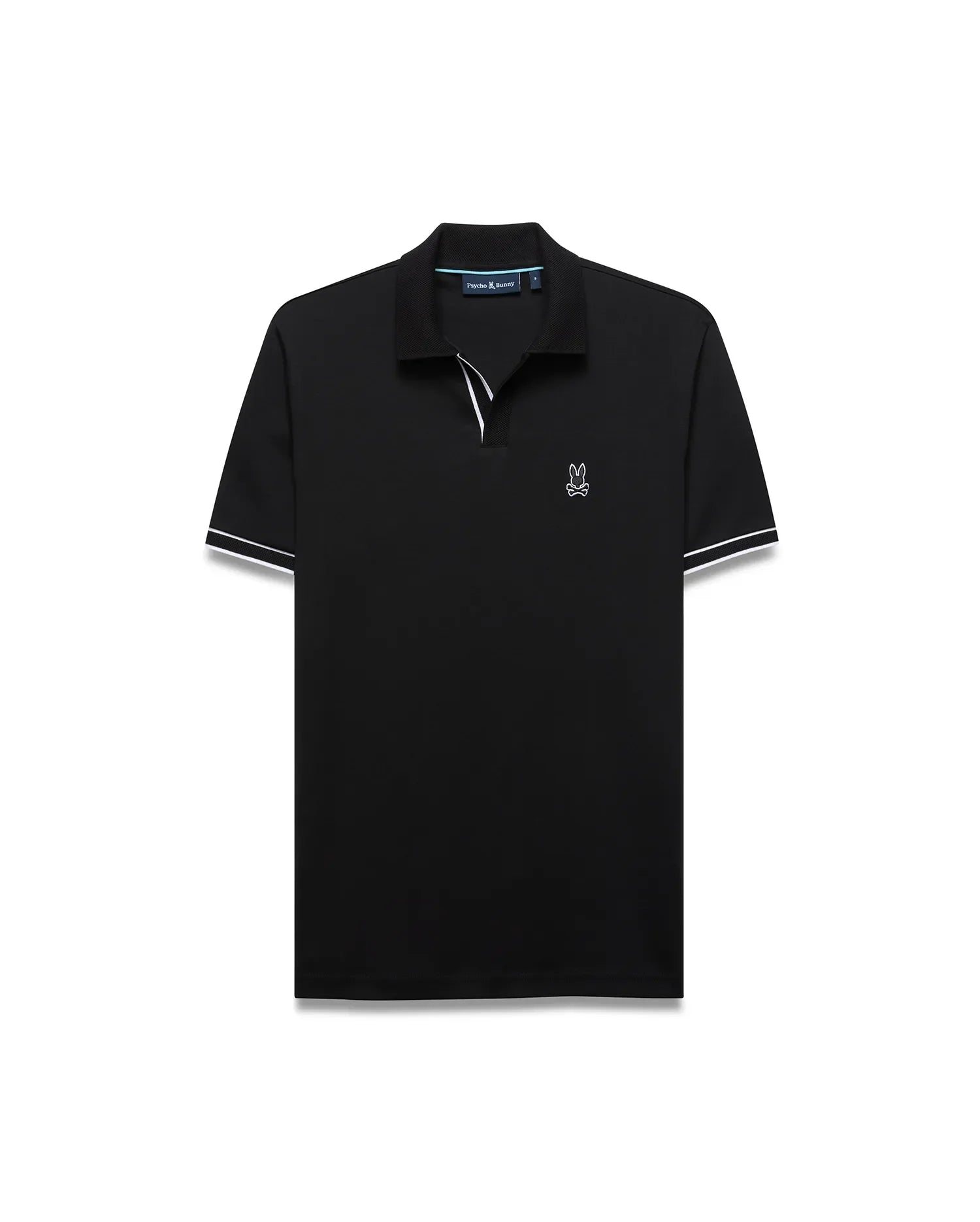 Mens Nasser Interlock Johnny Collar Polo in classic black interlock knit, featuring a white embroidered Psycho Bunny skull logo on the left chest, a Johnny collar, and white double-stripe cuffs.