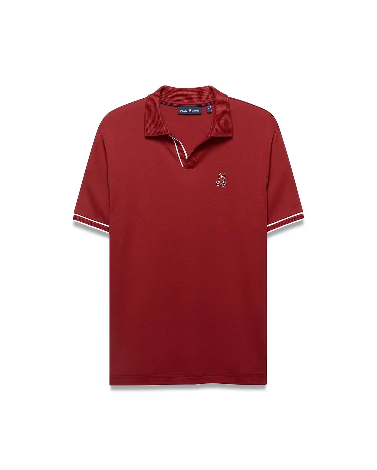 Men's Nasser Johnny Collar Polo, a classic fit deep red jersey polo with a Johnny collar, white tipping on collar and ribbed cuffs, and a small white embroidered Psycho Bunny skull logo on the left chest. (5)