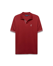 Men's Nasser Johnny Collar Polo, a classic fit deep red jersey polo with a Johnny collar, white tipping on collar and ribbed cuffs, and a small white embroidered Psycho Bunny skull logo on the left chest. (5)
