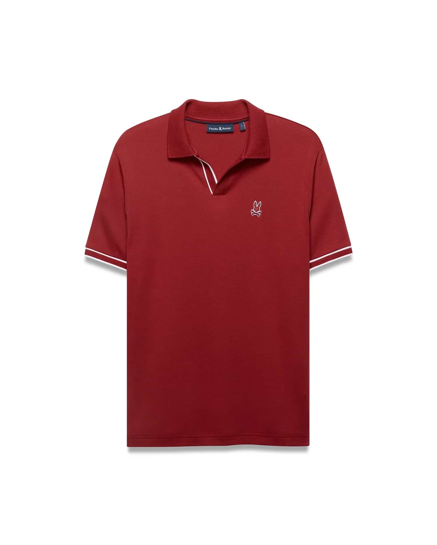 Men's Nasser Johnny Collar Polo, a classic fit deep red jersey polo with a Johnny collar, white tipping on collar and ribbed cuffs, and a small white embroidered Psycho Bunny skull logo on the left chest. (5)