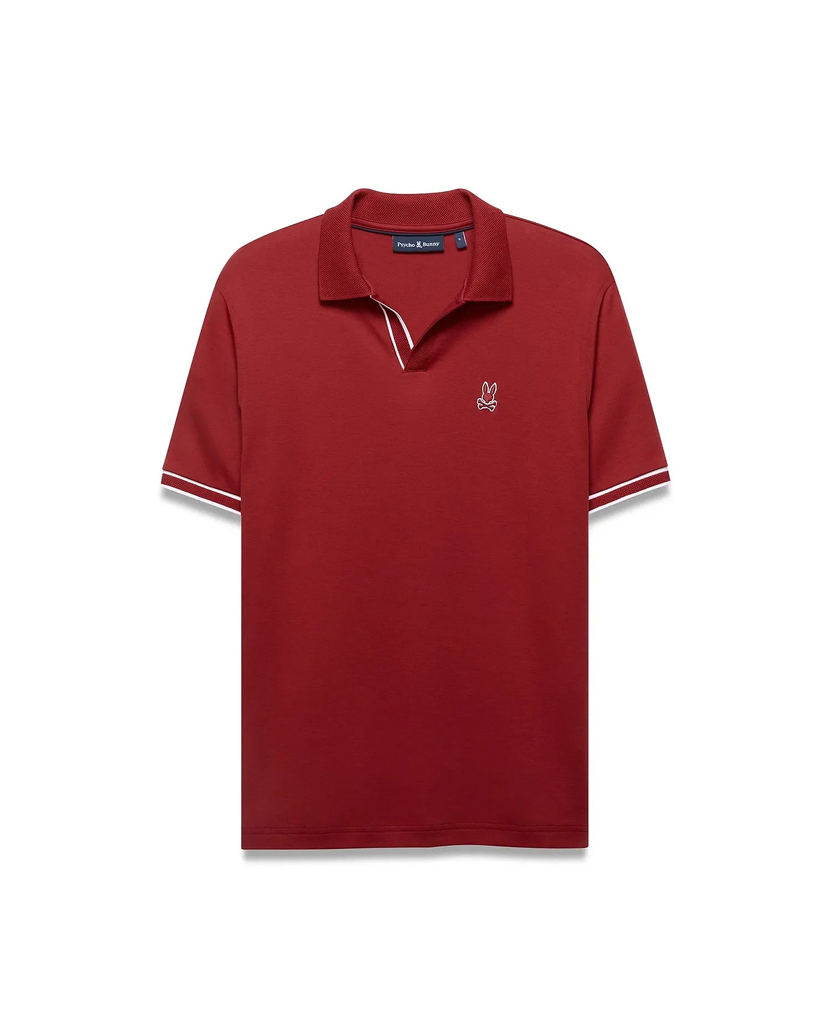 Men's Nasser Johnny Collar Polo, a classic fit deep red jersey polo with a Johnny collar, white tipping on collar and ribbed cuffs, and a small white embroidered Psycho Bunny skull logo on the left chest. (5)