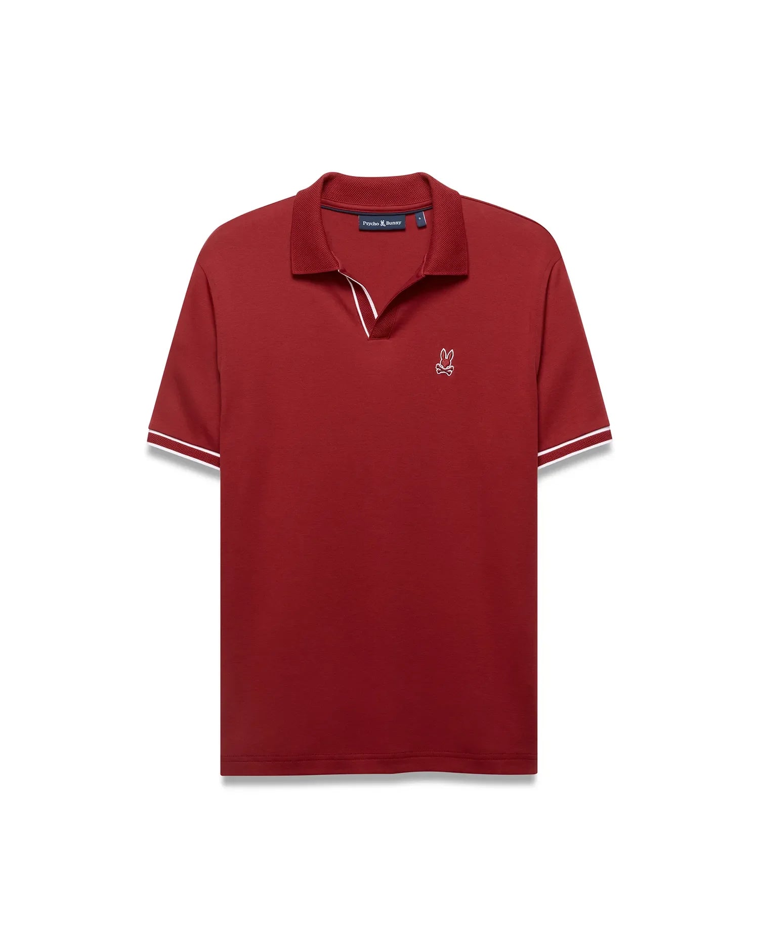 Men's Nasser Johnny Collar Polo, a classic fit deep red jersey polo with a Johnny collar, white tipping on collar and ribbed cuffs, and a small white embroidered Psycho Bunny skull logo on the left chest. (5)