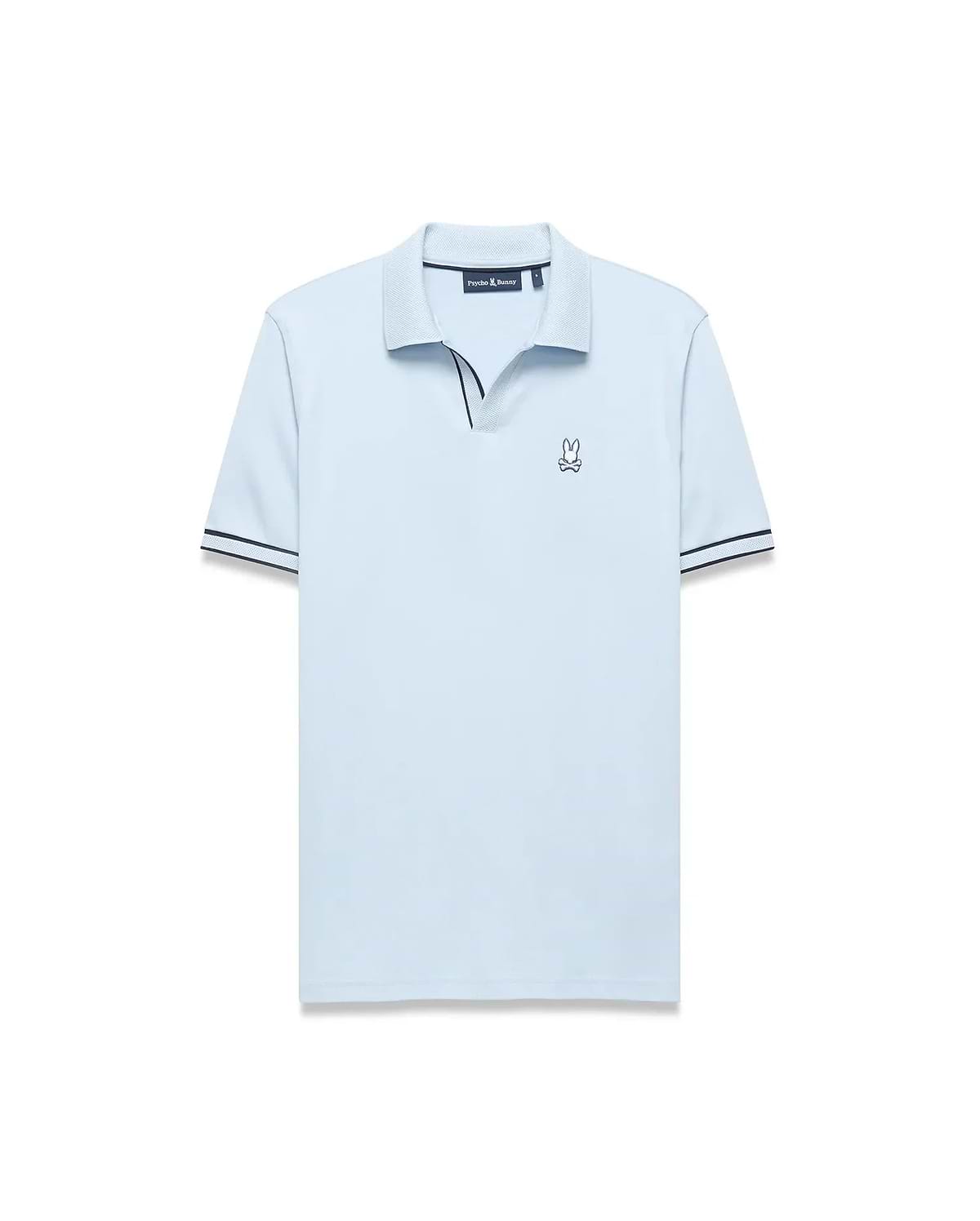 Mens Nasser Interlock Johnny Collar Polo in light blue, classic fit, smooth interlock, textured collar with navy/white tipping, navy V-neck, and embroidered Psycho Bunny logo on left chest. (5)