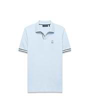 Mens Nasser Interlock Johnny Collar Polo in light blue, classic fit, smooth interlock, textured collar with navy/white tipping, navy V-neck, and embroidered Psycho Bunny logo on left chest. (5)