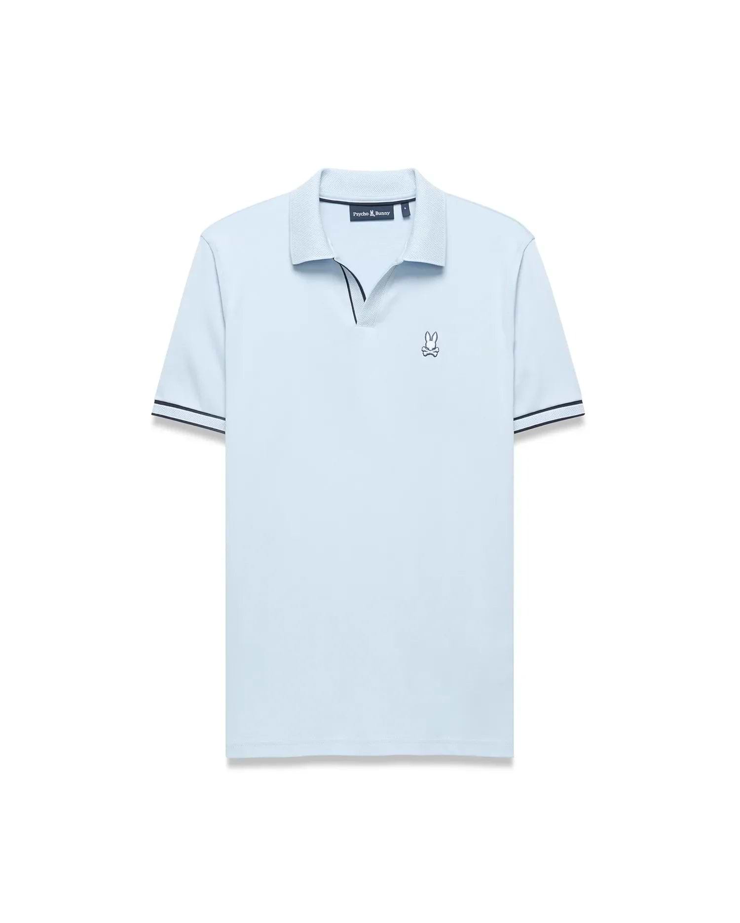 Mens Nasser Interlock Johnny Collar Polo in light blue, classic fit, smooth interlock, textured collar with navy/white tipping, navy V-neck, and embroidered Psycho Bunny logo on left chest. (5)
