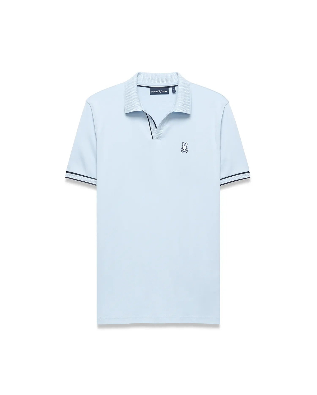 Mens Nasser Interlock Johnny Collar Polo in light blue, classic fit, smooth interlock, textured collar with navy/white tipping, navy V-neck, and embroidered Psycho Bunny logo on left chest. (5)