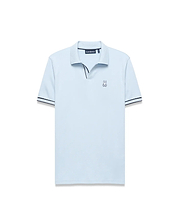 Mens Nasser Interlock Johnny Collar Polo in light blue, classic fit, smooth interlock, textured collar with navy/white tipping, navy V-neck, and embroidered Psycho Bunny logo on left chest. (5)