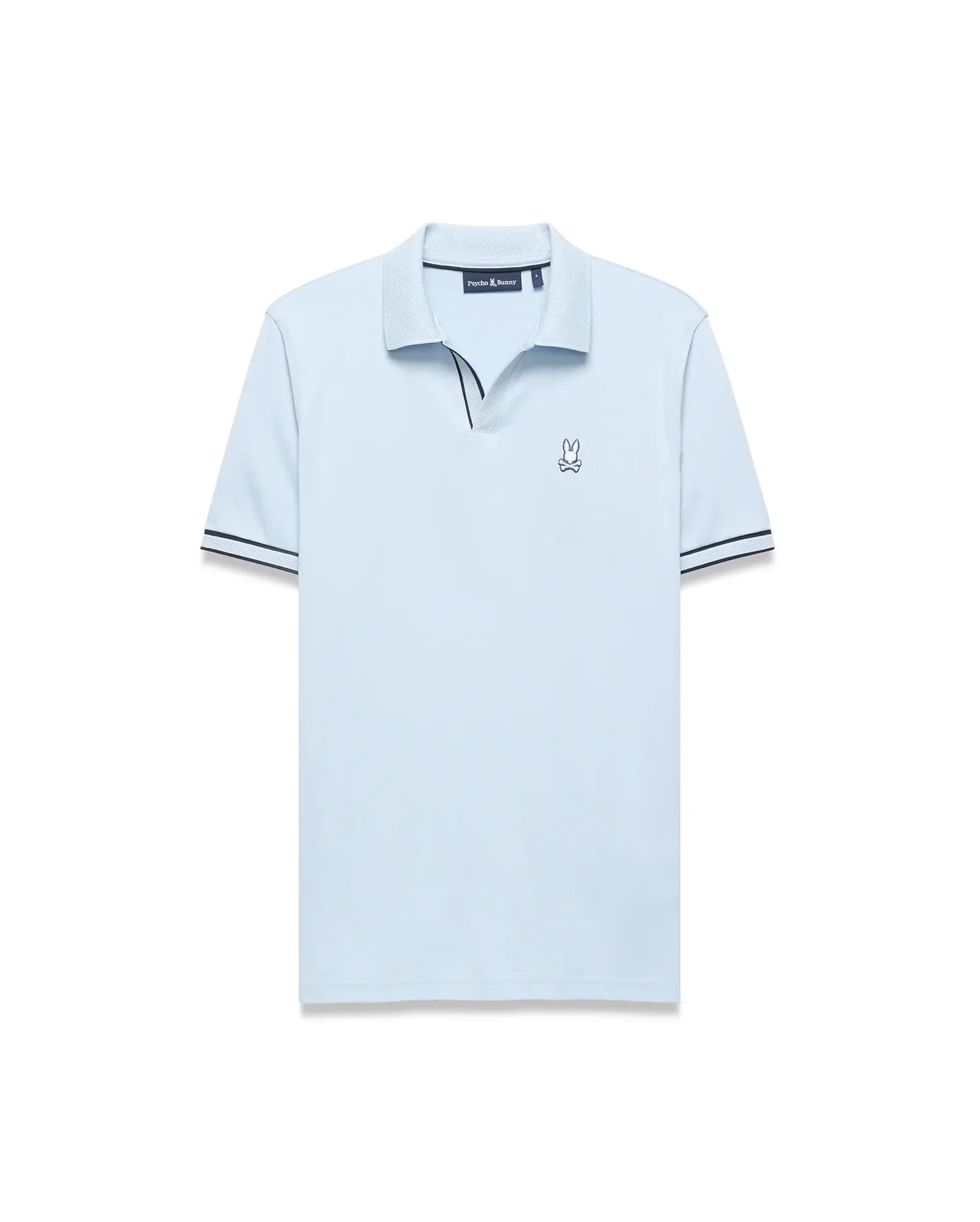 Mens Nasser Interlock Johnny Collar Polo in light blue, classic fit, smooth interlock, textured collar with navy/white tipping, navy V-neck, and embroidered Psycho Bunny logo on left chest. (5)