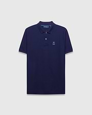 Mens Blythe Pique Polo in navy, classic fit, featuring a light blue embroidered Psycho Bunny skull logo on the left chest and subtle light blue collar trim. (5)