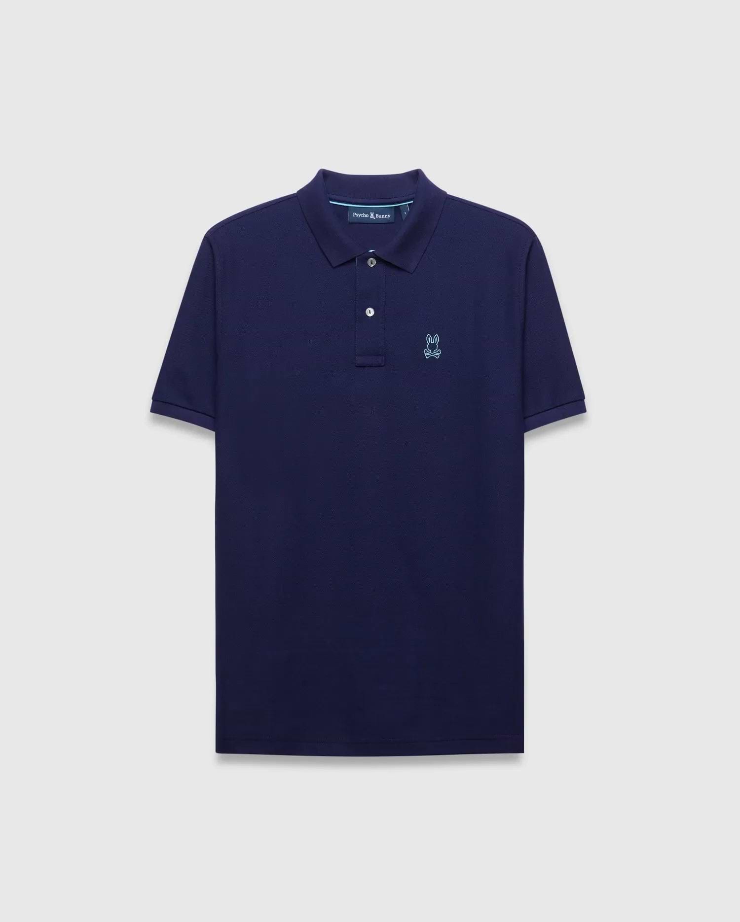 Mens Blythe Pique Polo in navy, classic fit, featuring a light blue embroidered Psycho Bunny skull logo on the left chest and subtle light blue collar trim. (5)