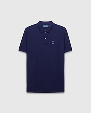 Mens Blythe Pique Polo in navy, classic fit, featuring a light blue embroidered Psycho Bunny skull logo on the left chest and subtle light blue collar trim. (5)