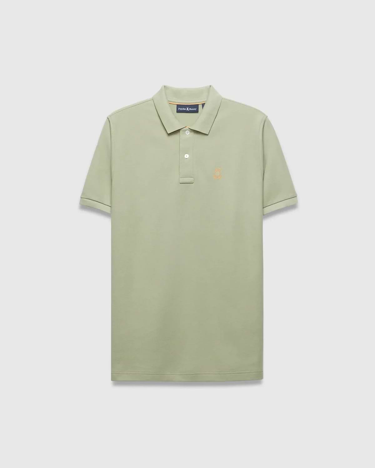 Mens Blythe Pique Polo in sage green, a classic fit polo with textured pique fabric, two-button placket, and a small embroidered orange Psycho Bunny skull logo on the left chest. (5)