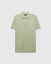 Mens Blythe Pique Polo in sage green, a classic fit polo with textured pique fabric, two-button placket, and a small embroidered orange Psycho Bunny skull logo on the left chest. (5)