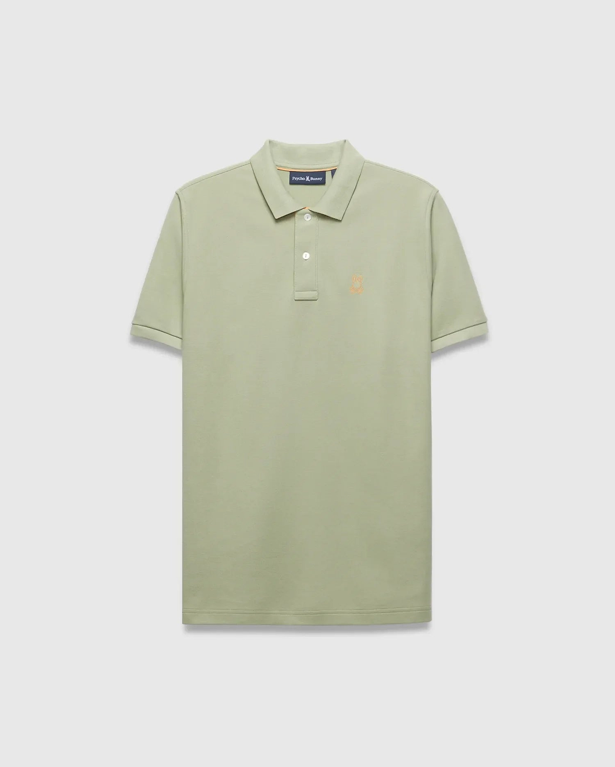 Mens Blythe Pique Polo in sage green, a classic fit polo with textured pique fabric, two-button placket, and a small embroidered orange Psycho Bunny skull logo on the left chest. (5)