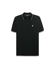 Men's Klaus Pique Polo. Black classic fit pique polo with light blue tipping on ribbed collar and cuffs, featuring a small embroidered white Psycho Bunny skull logo on the left chest. (5)