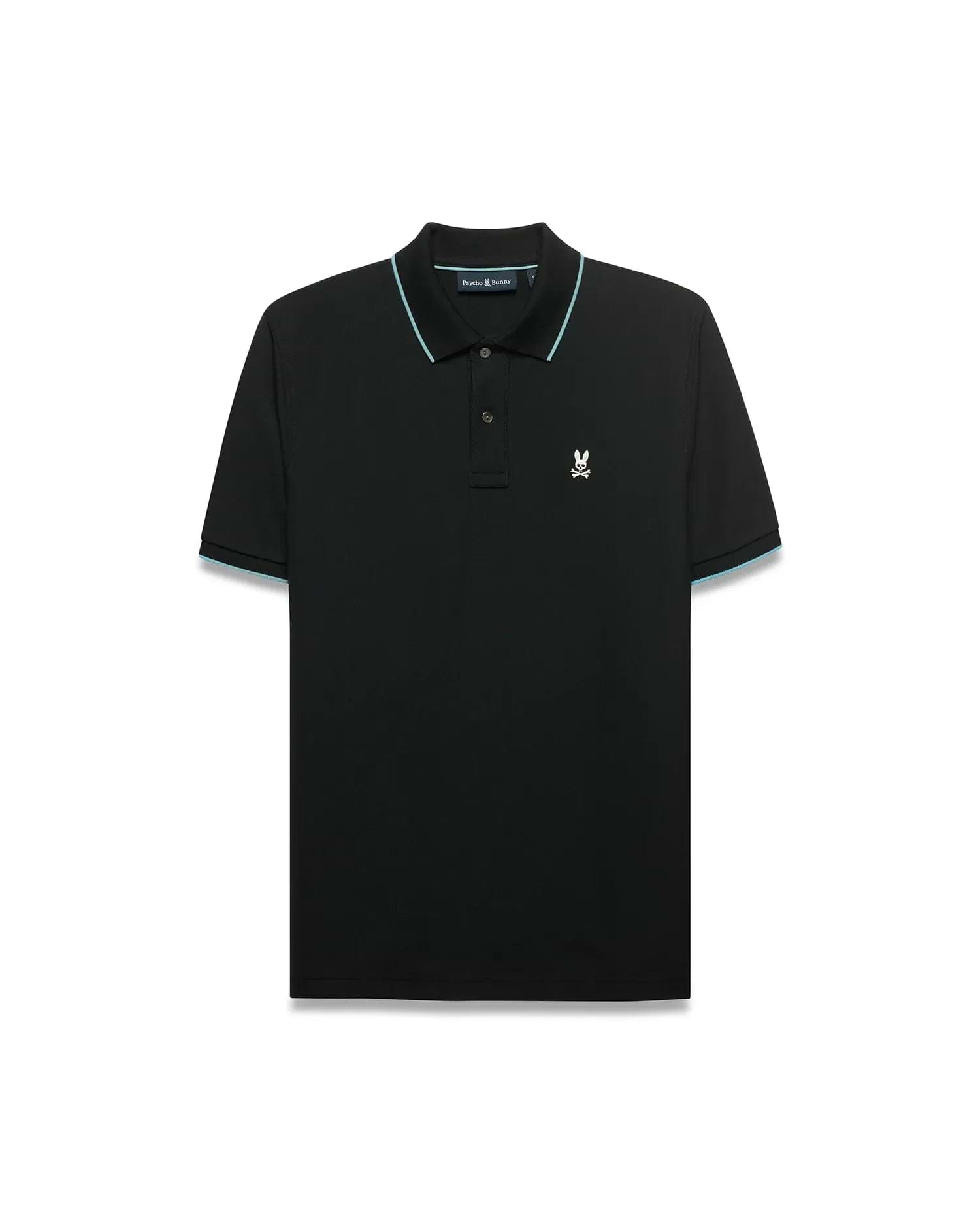 Men's Klaus Pique Polo. Black classic fit pique polo with light blue tipping on ribbed collar and cuffs, featuring a small embroidered white Psycho Bunny skull logo on the left chest. (5)