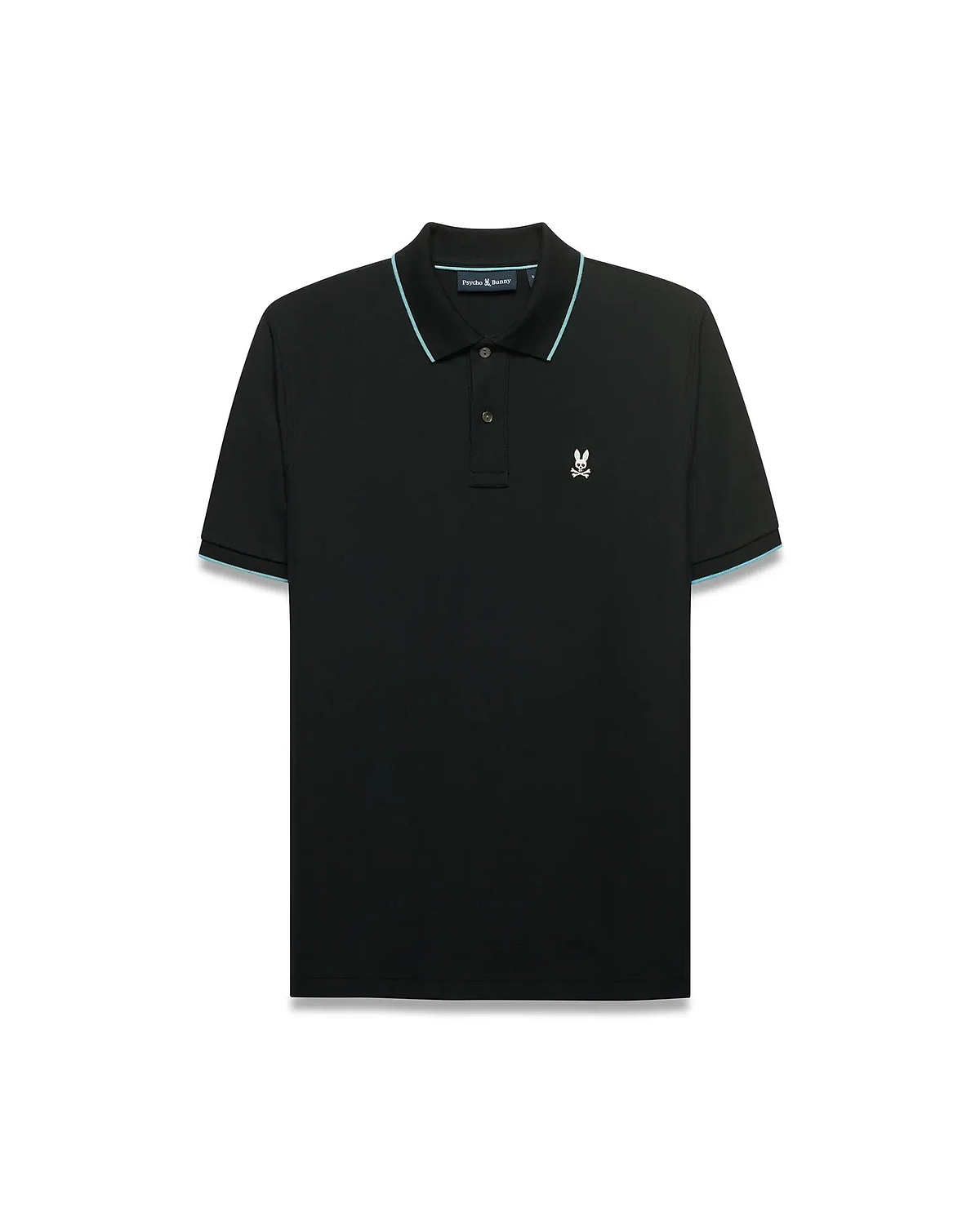 Men's Klaus Pique Polo. Black classic fit pique polo with light blue tipping on ribbed collar and cuffs, featuring a small embroidered white Psycho Bunny skull logo on the left chest. (5)