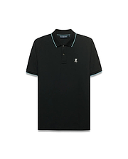 Men's Klaus Pique Polo. Black classic fit pique polo with light blue tipping on ribbed collar and cuffs, featuring a small embroidered white Psycho Bunny skull logo on the left chest. (5)