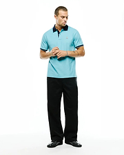 Men's Klaus Pique Polo in light blue, featuring a navy collar and cuffs with white trim. Small embroidered Psycho Bunny skull logo on the left chest. Classic fit. (4)