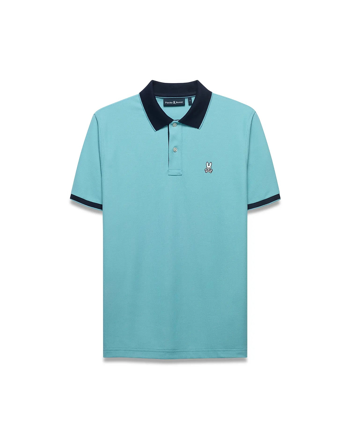 Men's Klaus Pique Polo in aqua blue, featuring a classic fit, pique knit fabric, navy blue ribbed collar and cuffs, two-button placket, and a small embroidered Psycho Bunny skull logo on the left chest. (5)
