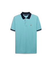 Men's Klaus Pique Polo in aqua blue, featuring a classic fit, pique knit fabric, navy blue ribbed collar and cuffs, two-button placket, and a small embroidered Psycho Bunny skull logo on the left chest. (5)
