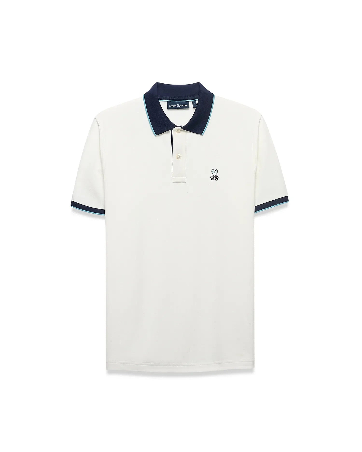 Men's Klaus Pique Polo, a classic fit off-white pique polo shirt with a navy collar and cuffs accented by light blue stripes, featuring a small embroidered Psycho Bunny skull logo on the left chest. (5)