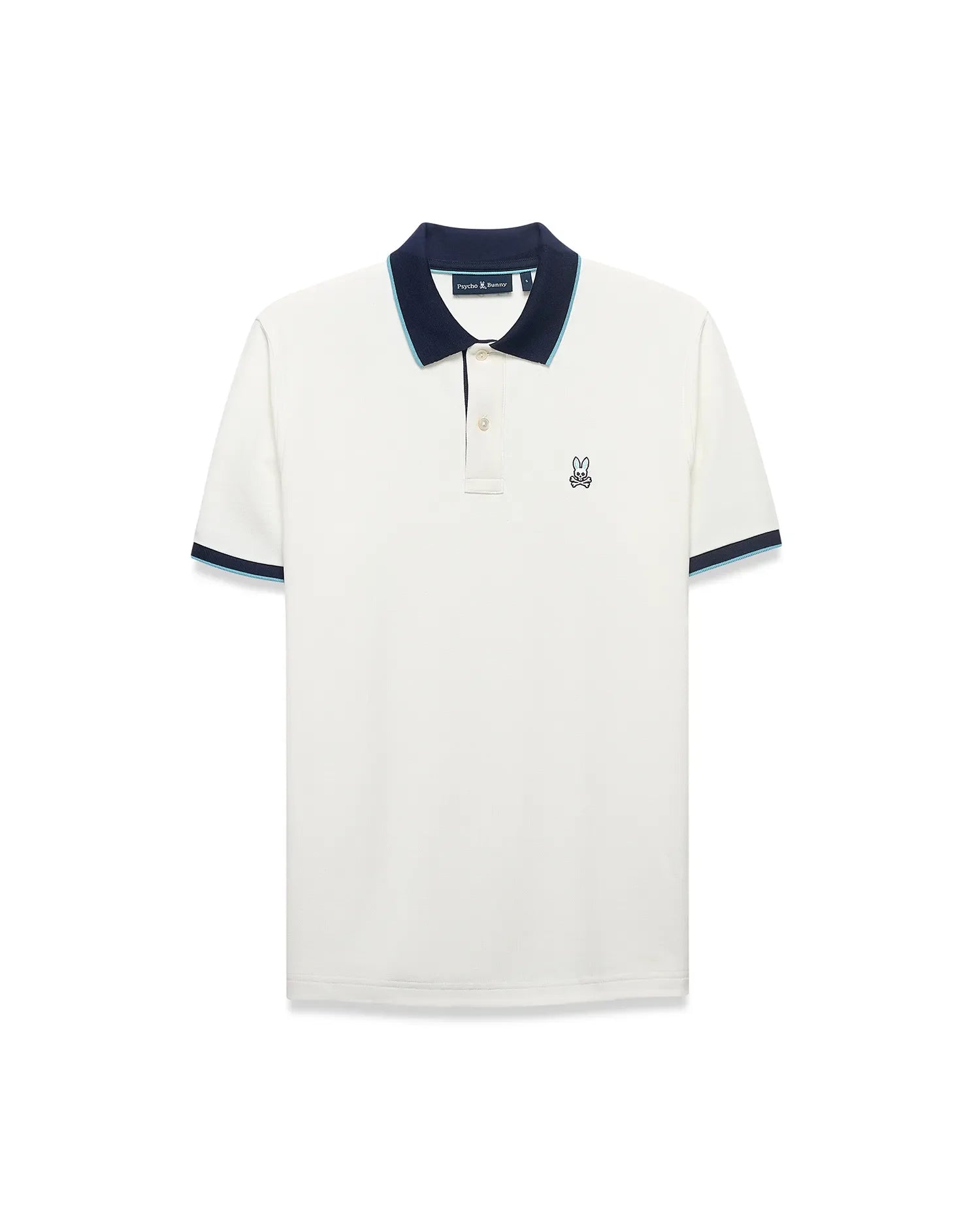 Men's Klaus Pique Polo, a classic fit off-white pique polo shirt with a navy collar and cuffs accented by light blue stripes, featuring a small embroidered Psycho Bunny skull logo on the left chest. (5)