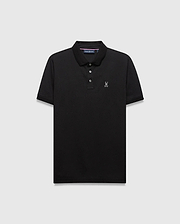 Mens Tiernan Pique Polo, black classic fit pique knit with a small embroidered white Psycho Bunny skull logo on the left chest, featuring a three-button placket and ribbed collar and cuffs.