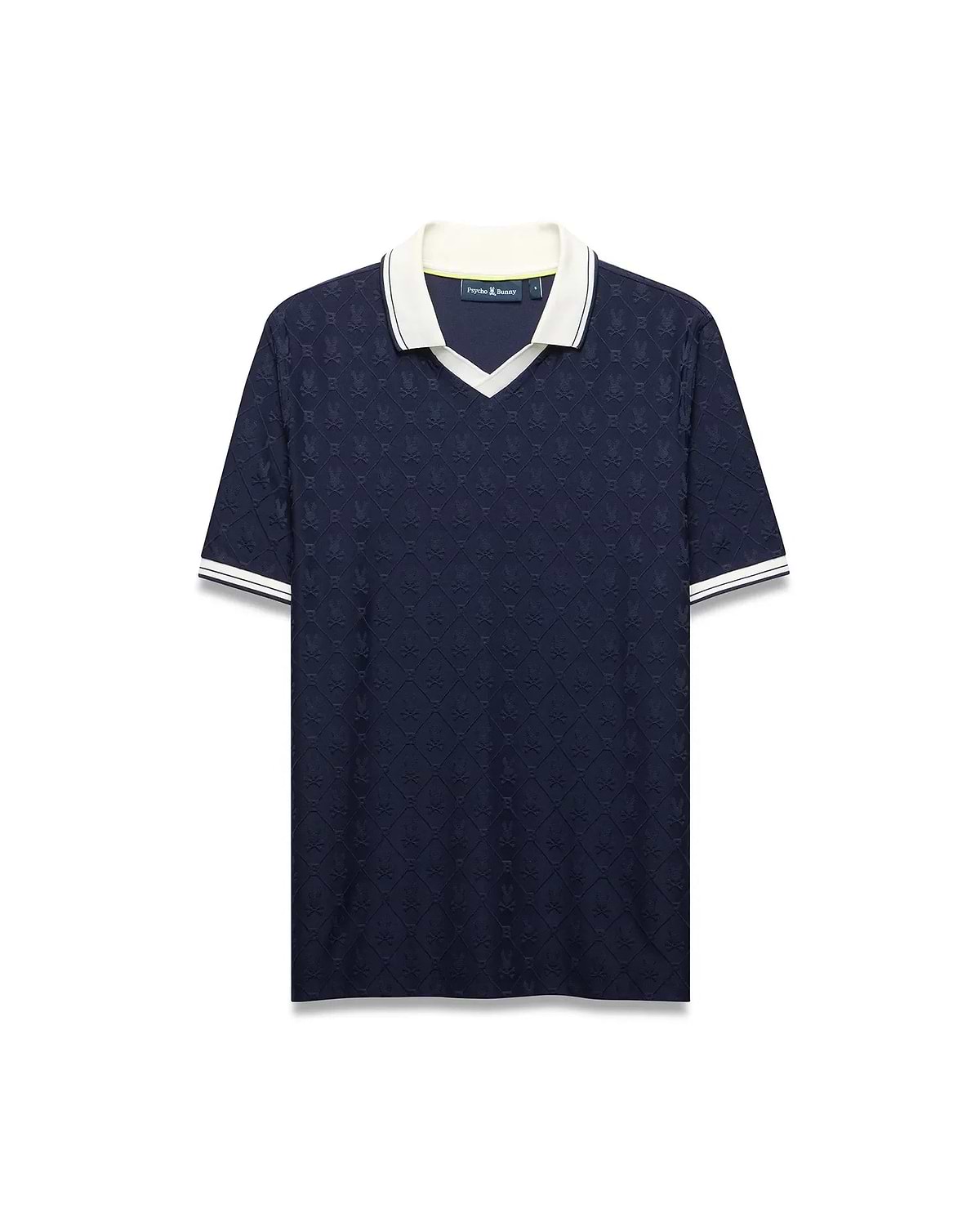Mens Garry Jacquard Johnny Collar Polo in navy with an all-over bunny skull jacquard pattern, white Johnny collar, and ribbed cuffs with white stripes. Classic fit.