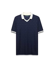 Mens Garry Jacquard Johnny Collar Polo in navy with an all-over bunny skull jacquard pattern, white Johnny collar, and ribbed cuffs with white stripes. Classic fit.
