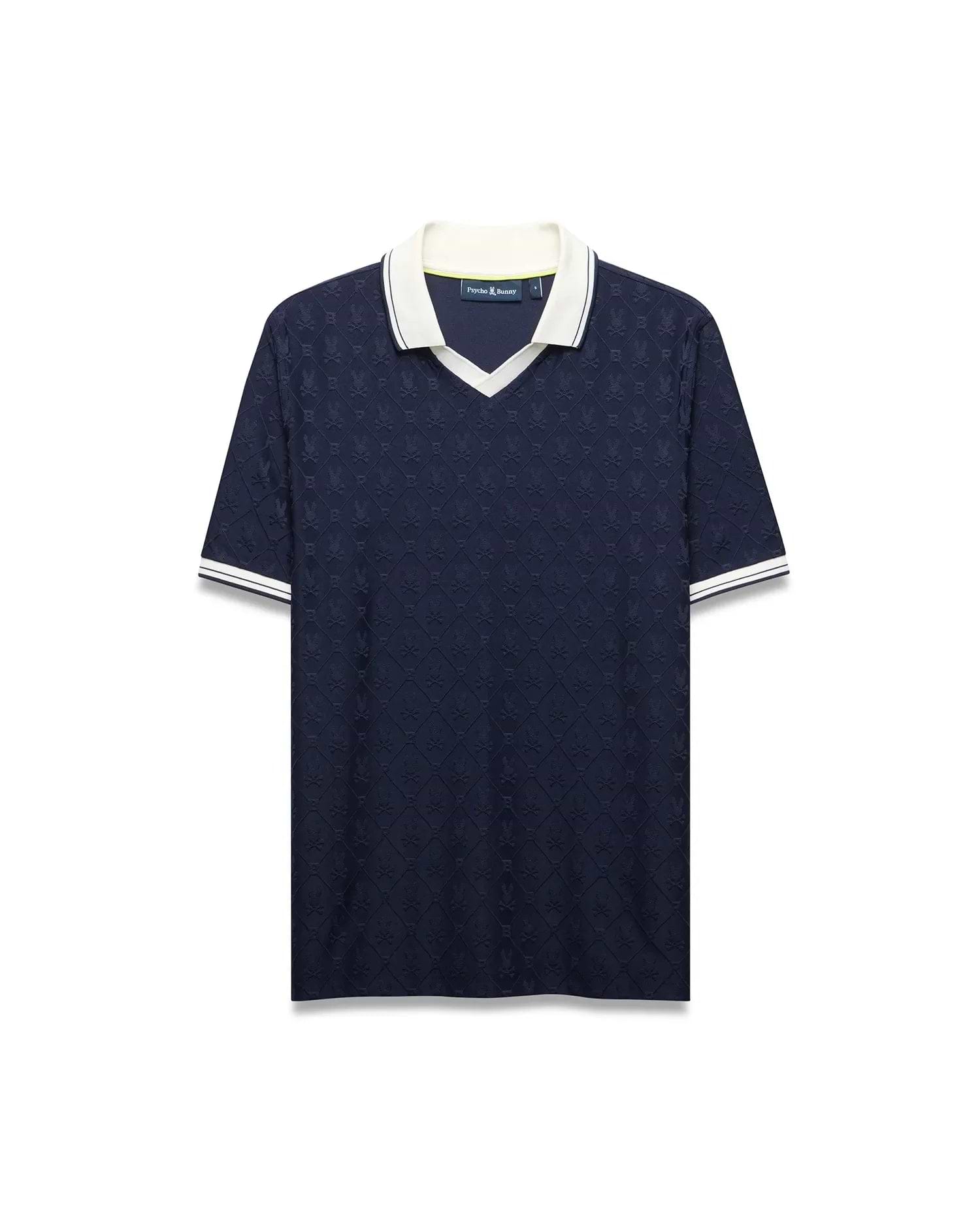 Mens Garry Jacquard Johnny Collar Polo in navy with an all-over bunny skull jacquard pattern, white Johnny collar, and ribbed cuffs with white stripes. Classic fit.