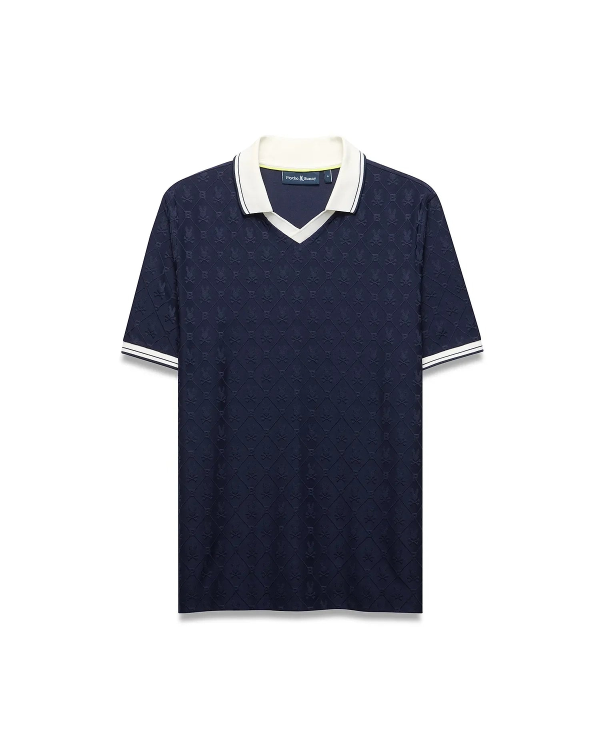 Mens Garry Jacquard Johnny Collar Polo in navy with an all-over bunny skull jacquard pattern, white Johnny collar, and ribbed cuffs with white stripes. Classic fit.