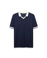 Mens Garry Jacquard Johnny Collar Polo in navy with an all-over bunny skull jacquard pattern, white Johnny collar, and ribbed cuffs with white stripes. Classic fit.