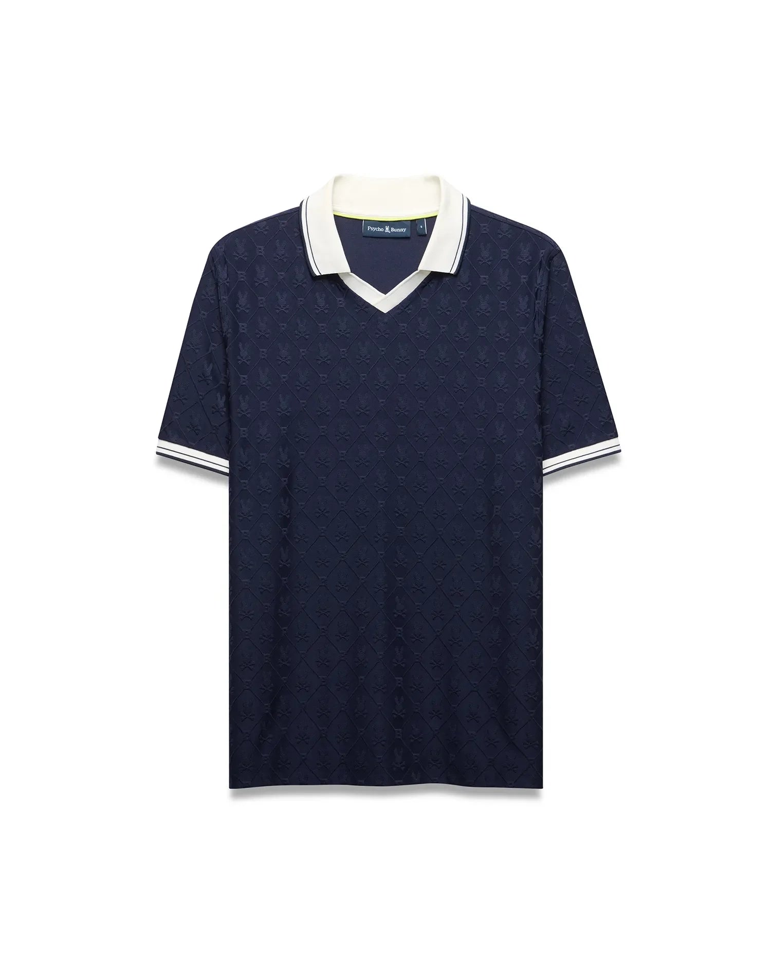 Mens Garry Jacquard Johnny Collar Polo in navy with an all-over bunny skull jacquard pattern, white Johnny collar, and ribbed cuffs with white stripes. Classic fit.