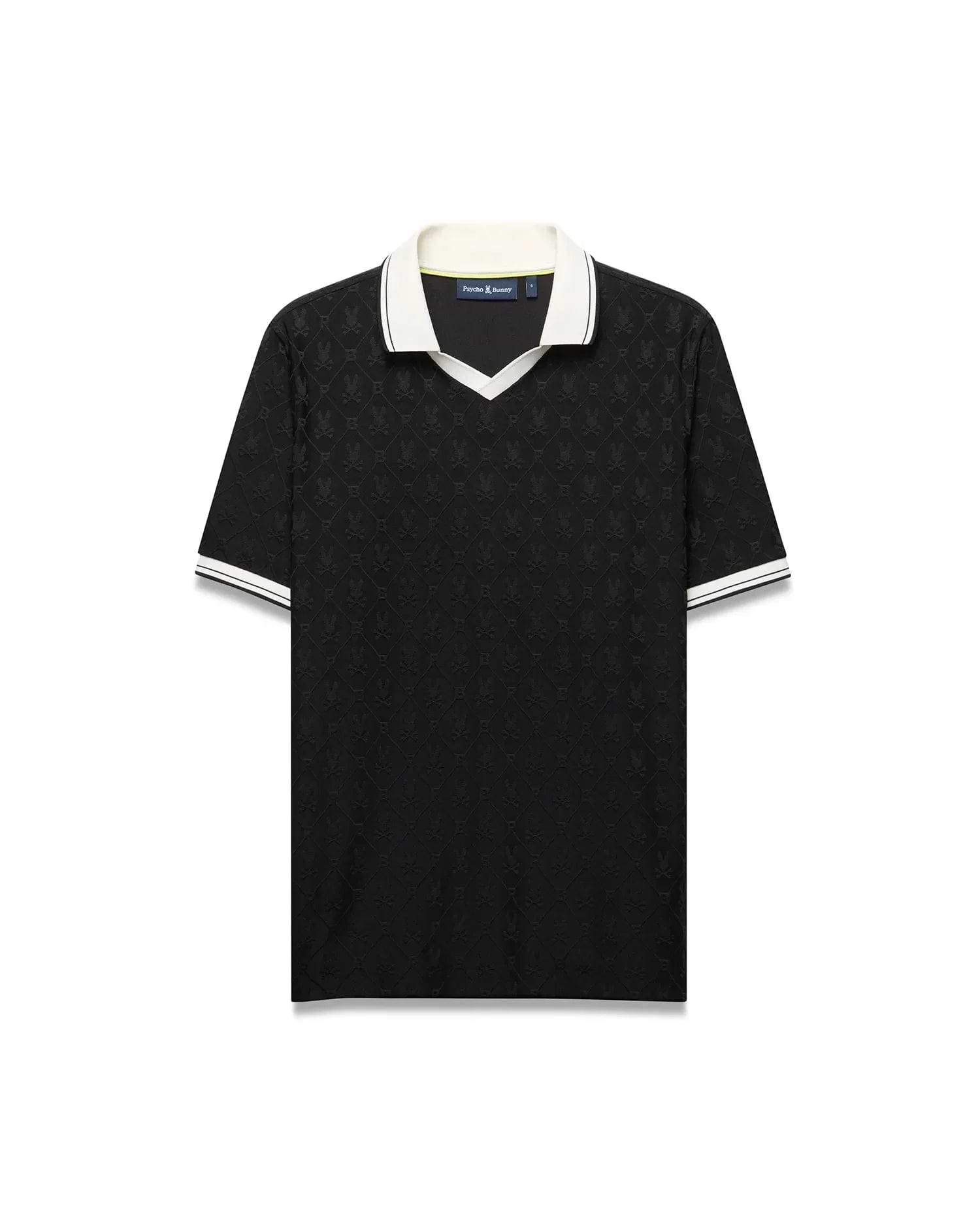 Mens Garry Jacquard Johnny Collar Polo. Black jacquard knit polo with subtle all-over bunny skull logo pattern, white Johnny collar with lime trim, and white striped cuffs. Classic fit.