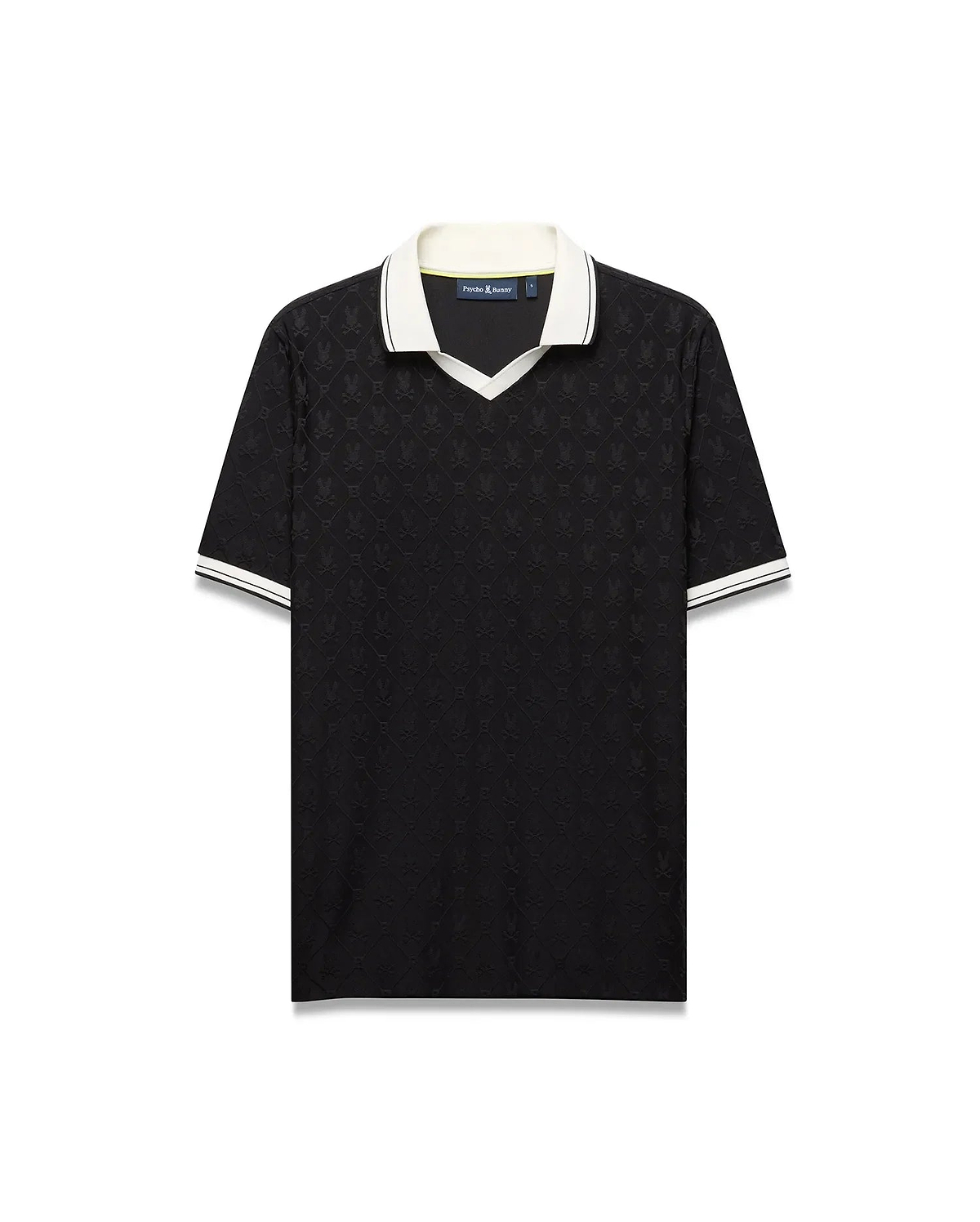 Mens Garry Jacquard Johnny Collar Polo. Black jacquard knit polo with subtle all-over bunny skull logo pattern, white Johnny collar with lime trim, and white striped cuffs. Classic fit.