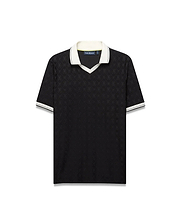 Mens Garry Jacquard Johnny Collar Polo. Black jacquard knit polo with subtle all-over bunny skull logo pattern, white Johnny collar with lime trim, and white striped cuffs. Classic fit.