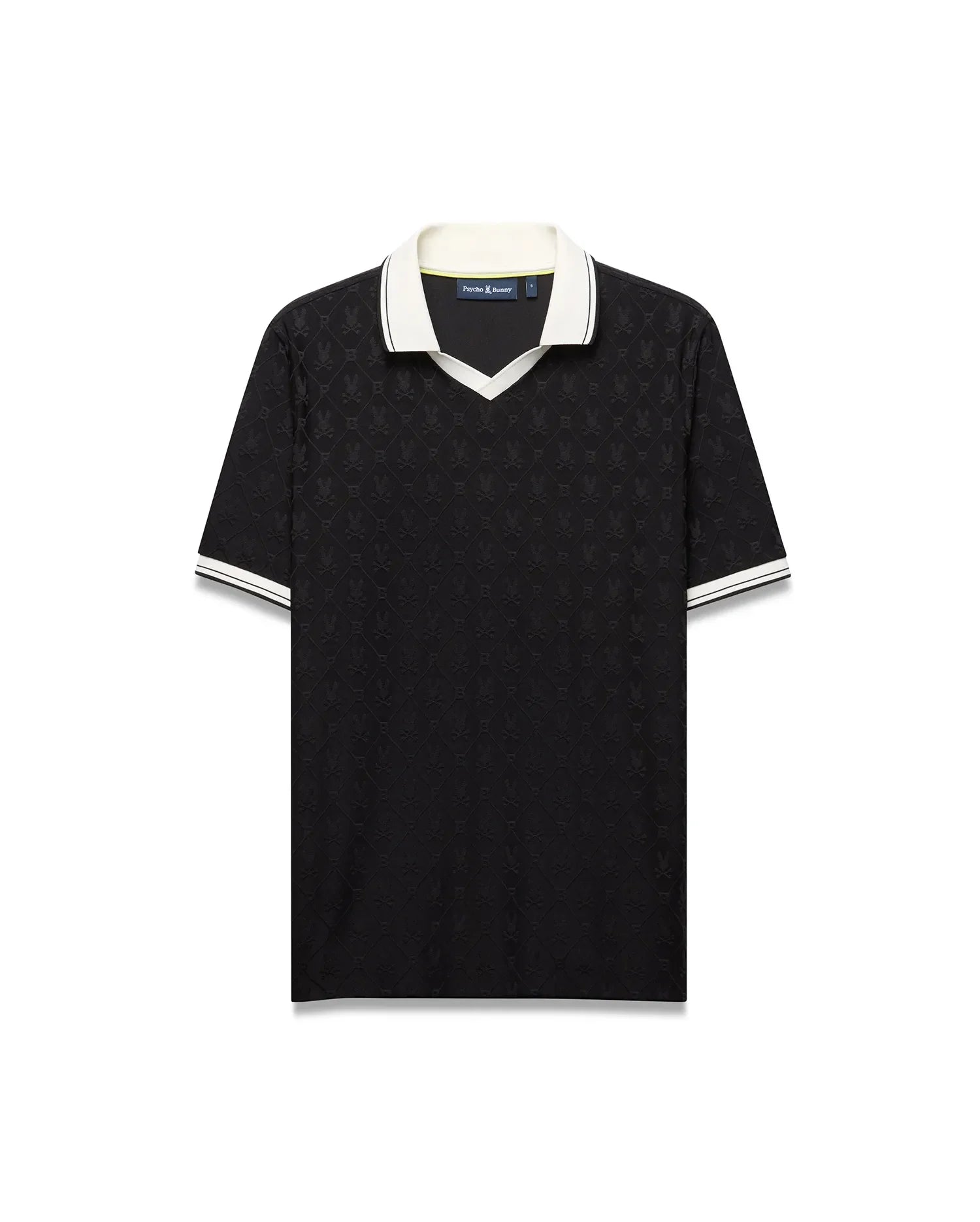 Mens Garry Jacquard Johnny Collar Polo. Black jacquard knit polo with subtle all-over bunny skull logo pattern, white Johnny collar with lime trim, and white striped cuffs. Classic fit.